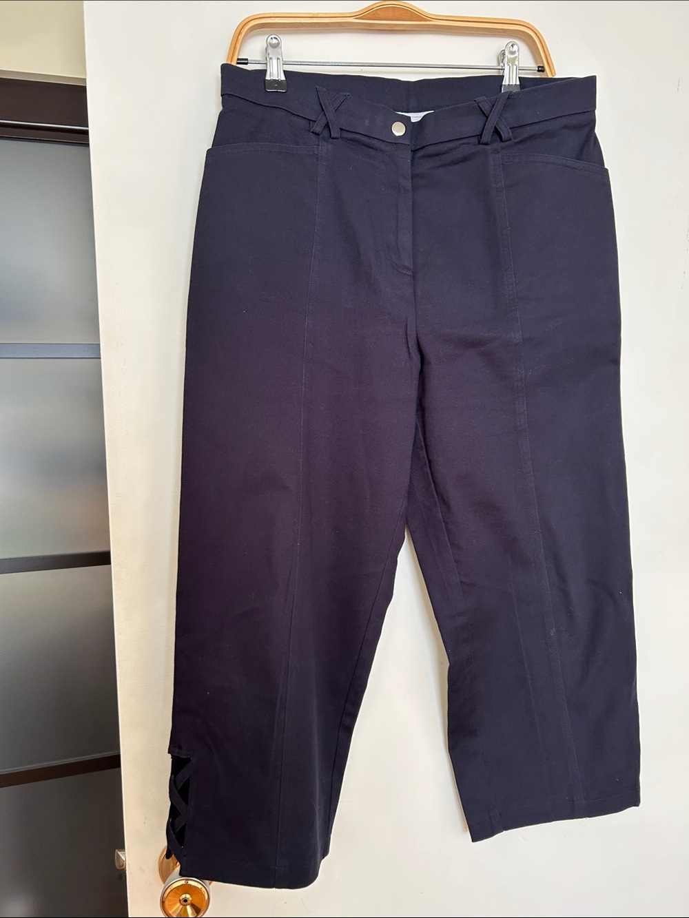 Women’s Navy Capris with Lattice Hem Detail